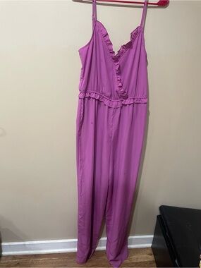 Kingston Gray Magenta Ruffle V-Neck Spaghetti-Strap Jumpsuit